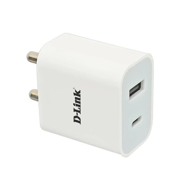 D-Link 20W Dual Port Fast Charger Type-C & USB-A for All Mobiles Phones, Tablets, Power Banks, Smart Watches, Earbuds Etc. Bis Certified, Compact Size & Easy to Carry. - White