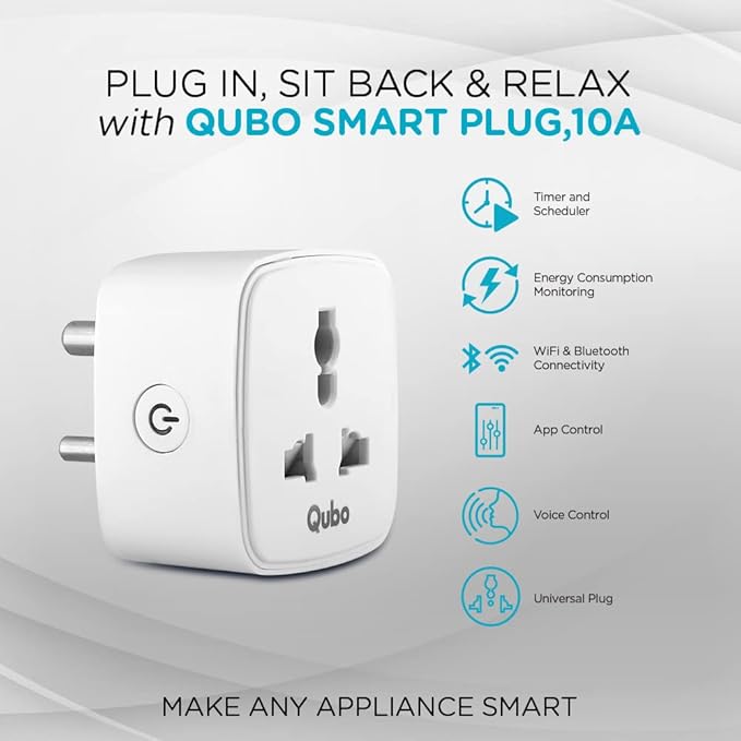 QUBO 10A Wifi + BT Smart Plug from Hero Group, Energy Monitoring, Suitable for small devices like TVs, Air Purifiers, Mobile & Laptop Chargers (Voice Control with Amazon Alexa and Google Assistant)