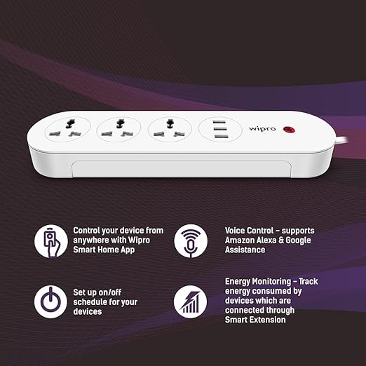 wipro Smart Wi-Fi Usb Extension Board With 3 Universal Socket & 3 Usb|Voice Control With Alexa&Google Asst|Energy Monitoring Feature For Connected Device|Schedule On/Off (Pack Of 1,White),12 Volts