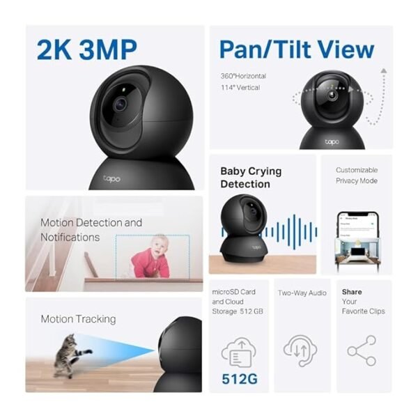 Tapo TP-Link 2K 3MP Pan/Tilt Indoor Security Camera for Baby Monitor, Pet Camera | Motion Detection & Tracking | 2-Way Audio | Cloud & SD Card Storage | Works w/Alexa & Google Home | Black C211