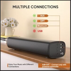 Saiyin 40W Soundbar for TV, 14.2 Inches Sound Bar for PC, Home Theater System with Bluetooth 5.3/Optical/AUX Input, Remote Control, Powered Adapt