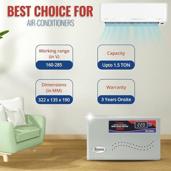Microtek EM 4170+ Automatic Air Conditioners (A.C.) Voltage Stabilizer upto 1.5 Ton Working Power 170V-270V(Metalic Grey) with 3 year warranty