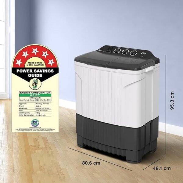 Godrej 7 Kg 5 Star, Active Soak Technology Semi-Automatic Top Load Washing Machine (WS EDGE CLS 70 5.0 PN2 GPGR, Graphite Grey, 460 W PowerMax Wash For Heavy Laundry Wash)