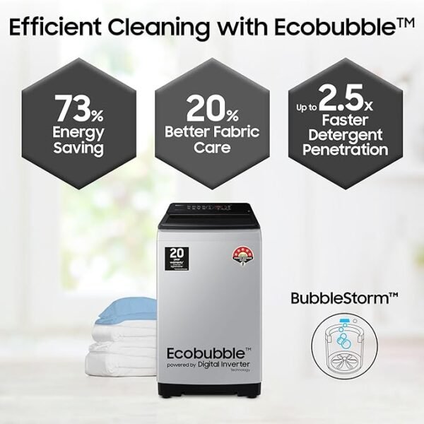 Samsung 8 kg, 5 star, Eco Bubble Tech, Digital Inverter Motor, Soft Closing Door, Fully-Automatic Top Load Washing Machine (WA80BG4441BGTL, Light Gray)