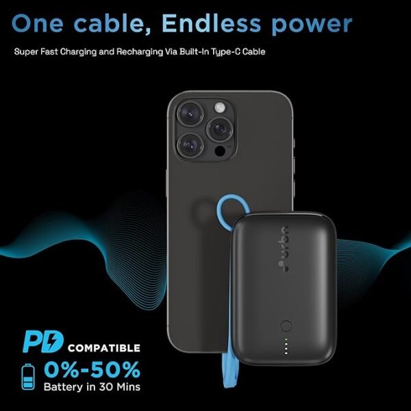 URBN 10000 mAh Nano Link Power Bank with in-Built USB-C Cable| 22.5W Fast Charging | Type C PD (Input& Output) | Made in India | Two Way Fast Charge | for iPhone, Android & More (Black)