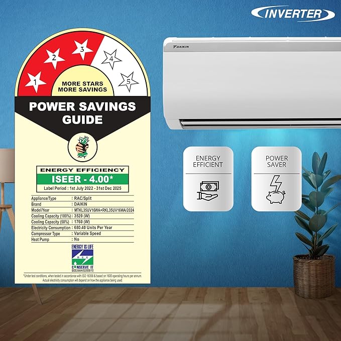 Daikin 1 Ton 3 Star Inverter Split AC (Copper, PM 2.5 Filter, 2024 Model, MTKL35UV16, White)